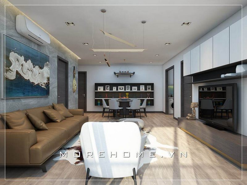 Bộ sofa phòng khách hiện đại với thiết kế khung gỗ bọc da màu nâu cao cấp mang đến không gian ấm cúng và tinh tế cho nhà chung cư